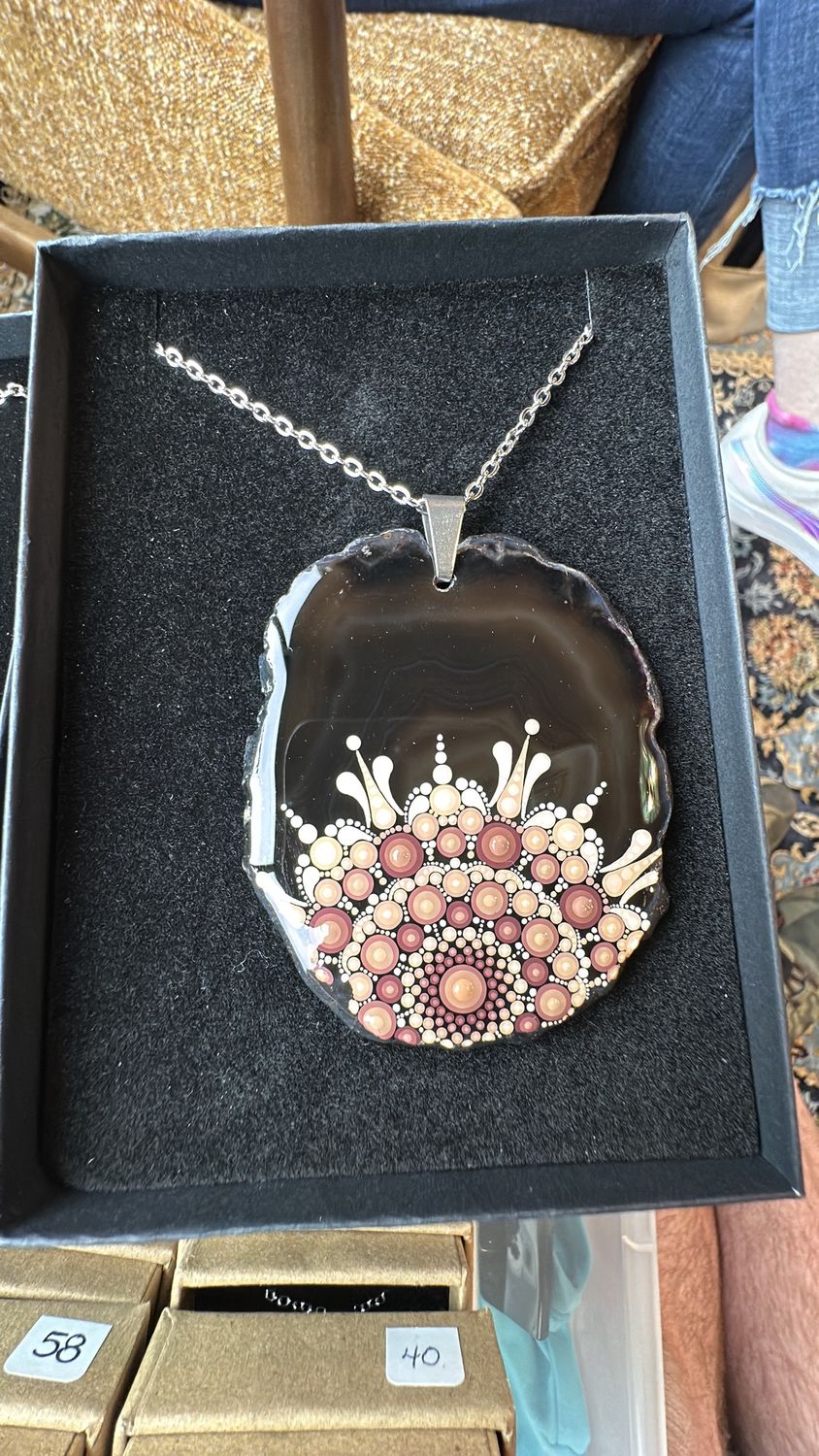 Hand painted Sunshine Mandala on Brown Agate Slice Pendant Necklace