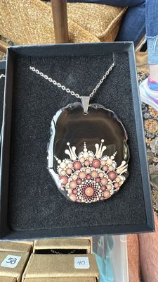 Hand painted Sunshine Mandala on Brown Agate Slice Pendant Necklace