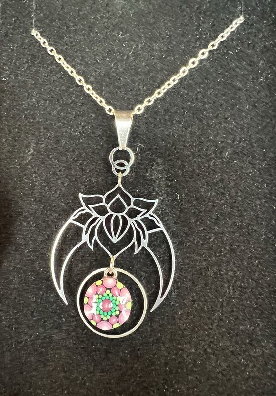 Hand painted Pink and Green Mandala Lotus Pendant Necklace