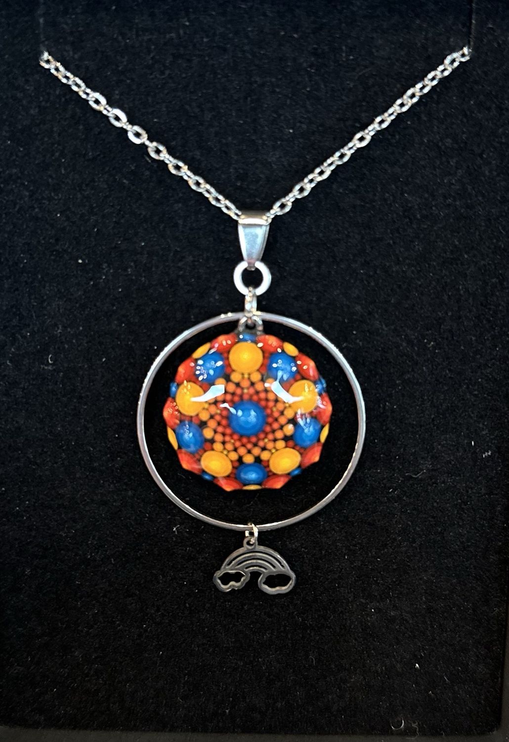 Hand painted Primary Color Mandala with Rainbow Pendant Necklace