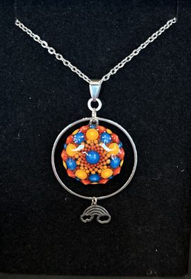 Hand painted Primary Color Mandala with Rainbow Pendant Necklace
