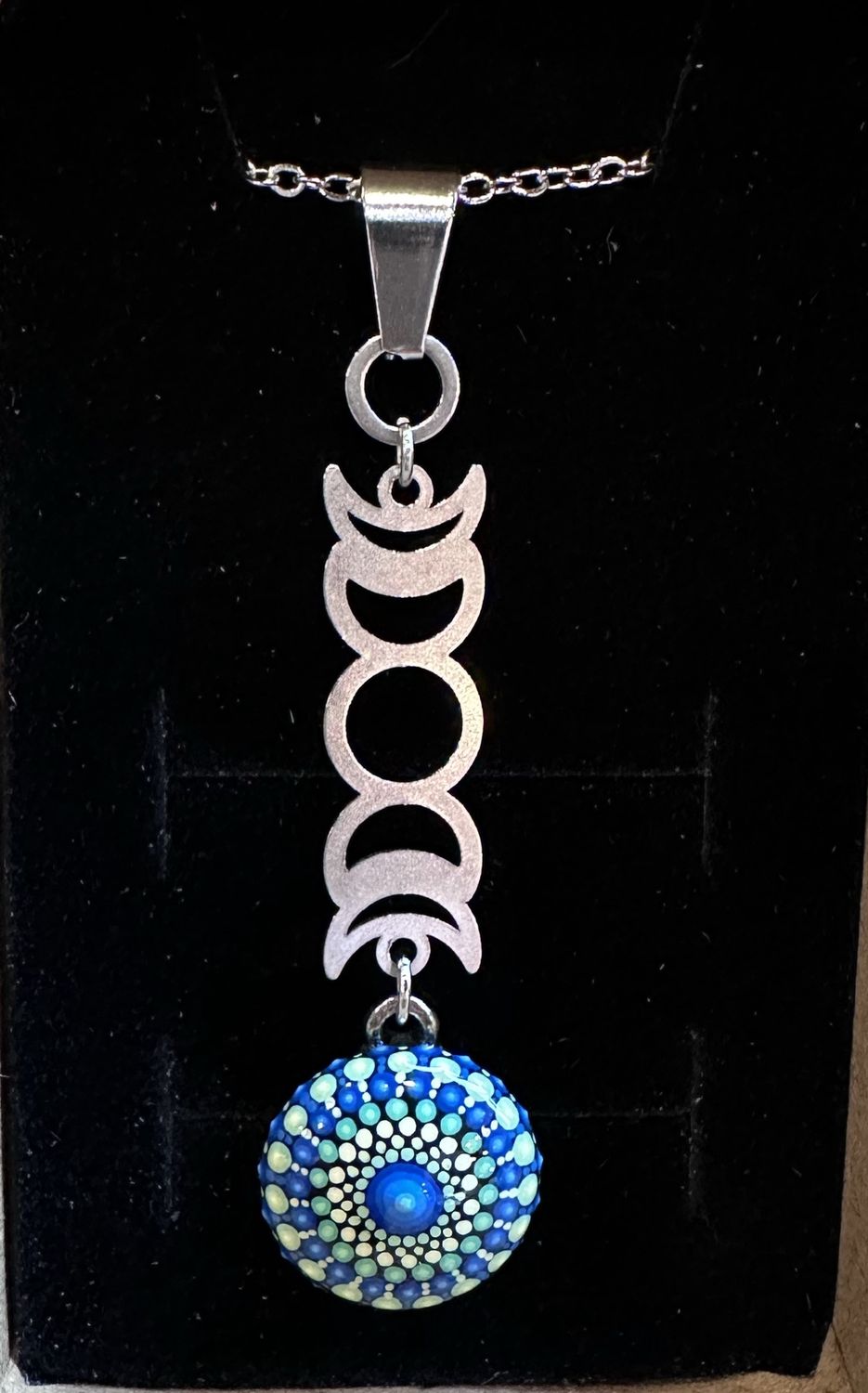 Hand painted Blue / Yellow Mandala Moon Phase Pendant Necklace