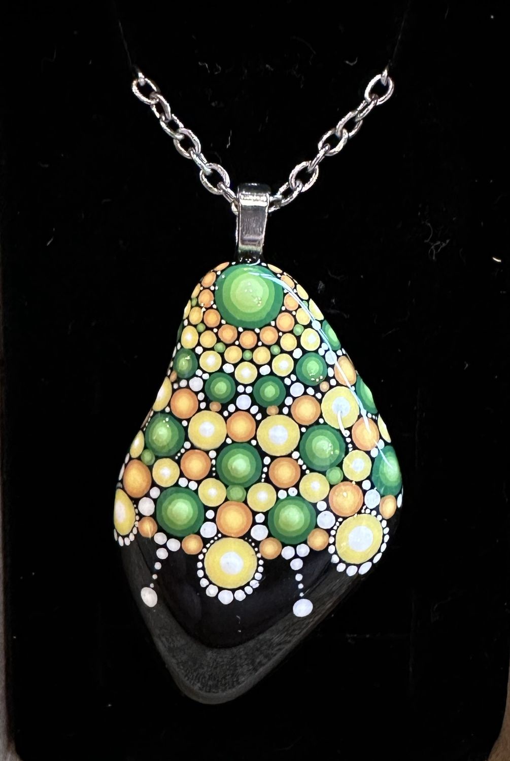 Hand painted Green and Yellow Mandala Pendant Necklace