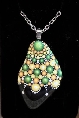 Hand painted Green and Yellow Mandala Pendant Necklace