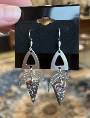 Crescent Moon with Gray Jasper Triangle Stainless Steel Earrings
