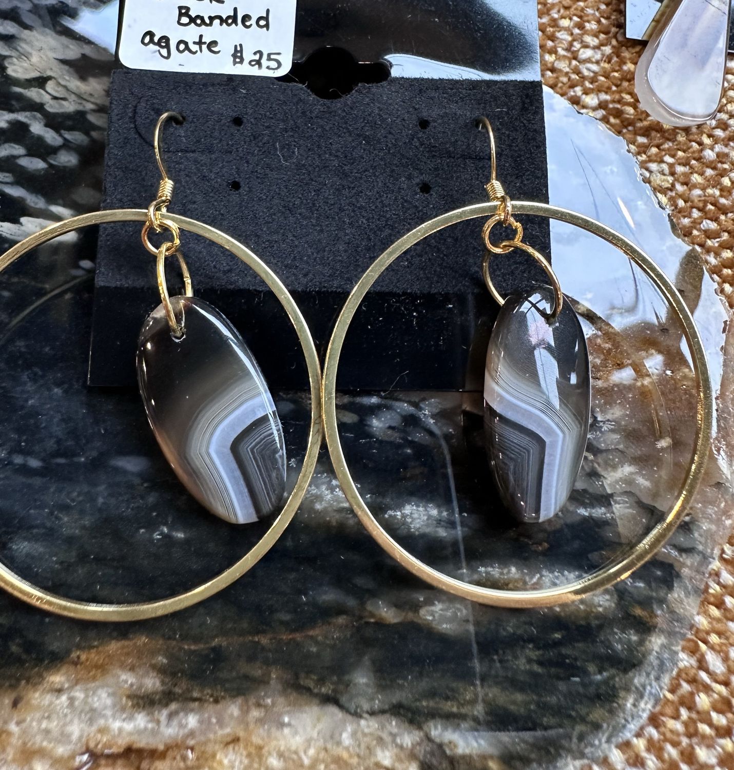 Black Banded Agate Gold-Plated Hoop Earrings