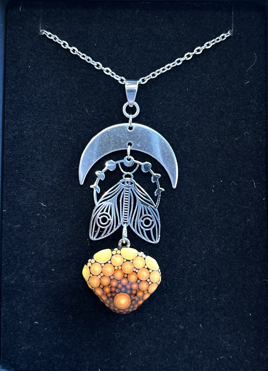 Stainless Moon Moth with Earth Tone Mandala Stone Necklace