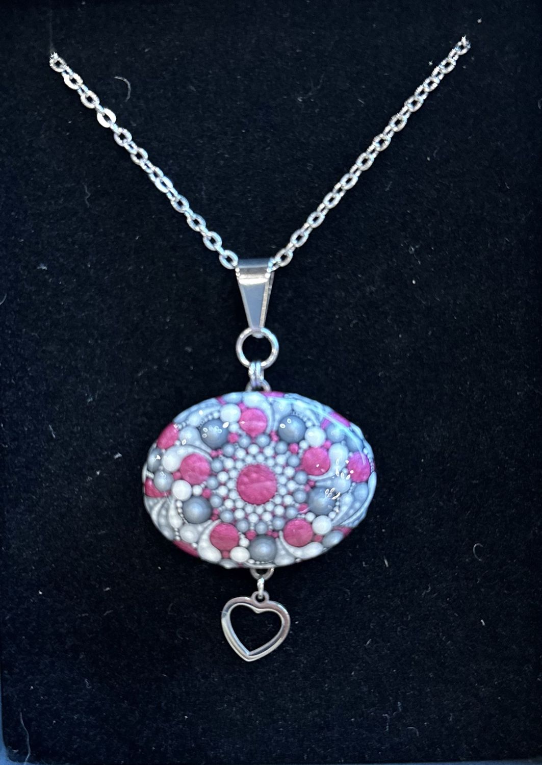 Hand painted Pink and Grey Mandala with Heart Pendant Necklace