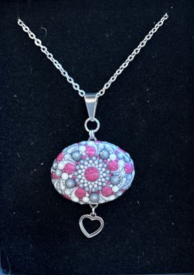 Hand painted Pink and Grey Mandala with Heart Pendant Necklace