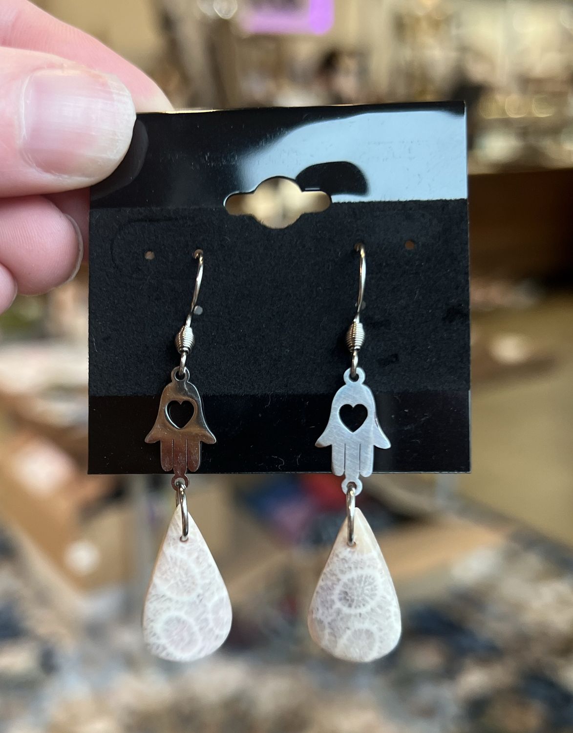 Hamsa with Fossilized Coral Earrings