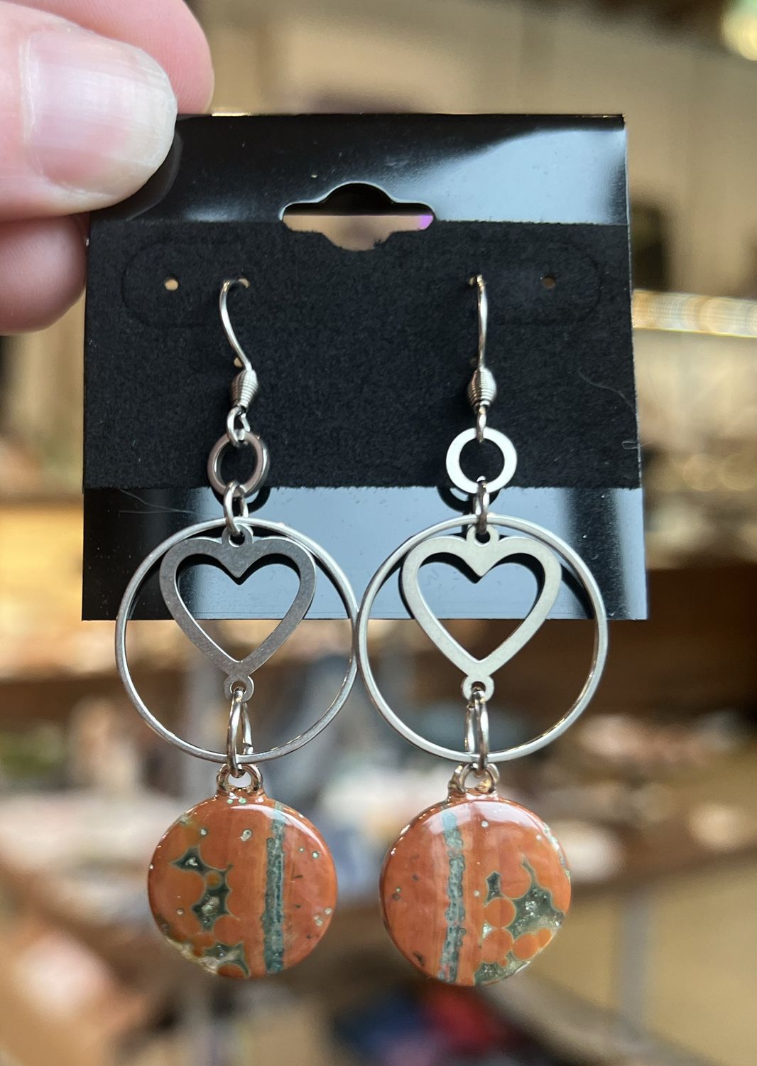 Hearts with Red Jasper Stainless Steel Earrings