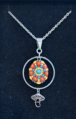 Hand painted Mandala with Mushroom Stainless Pendant Necklace