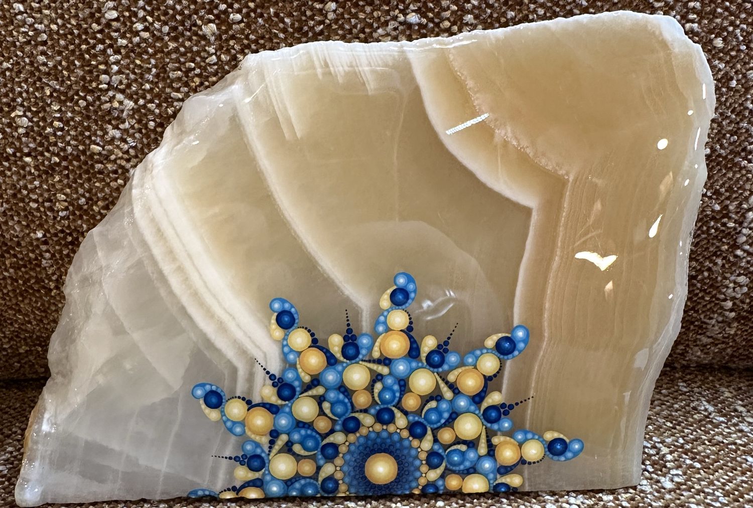 Hand painted Celestial Mandala on Honey Calcite Slab