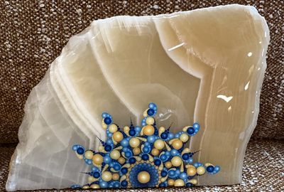 Hand painted Celestial Mandala on Honey Calcite Slab