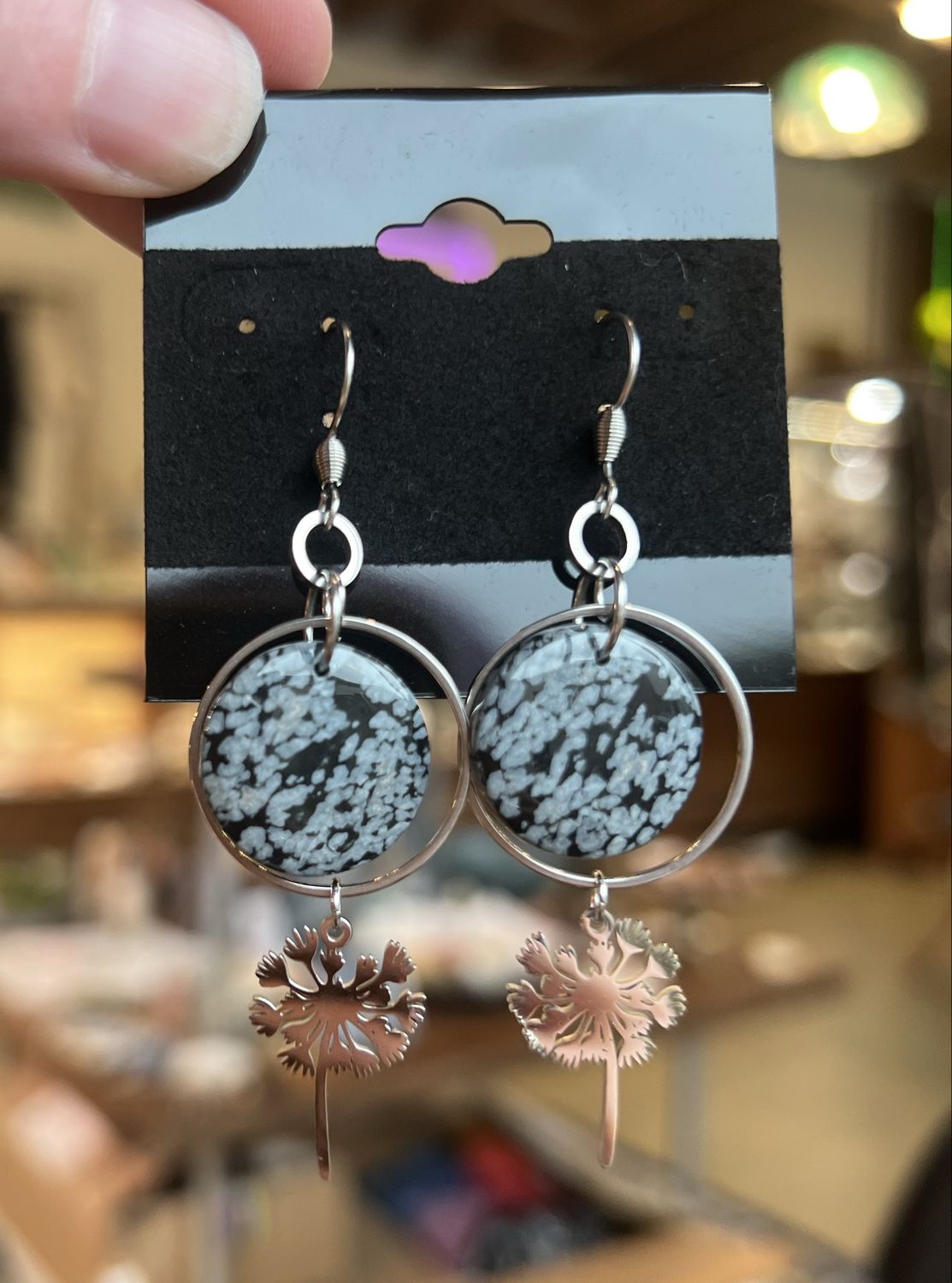 Snowflake Obsidian with Dandelion Stainless Steel Earrings