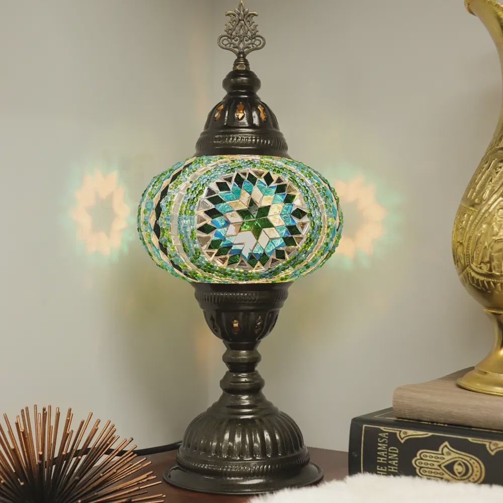 Turkish Table Lamp with Handmade Green Mosaic Glass