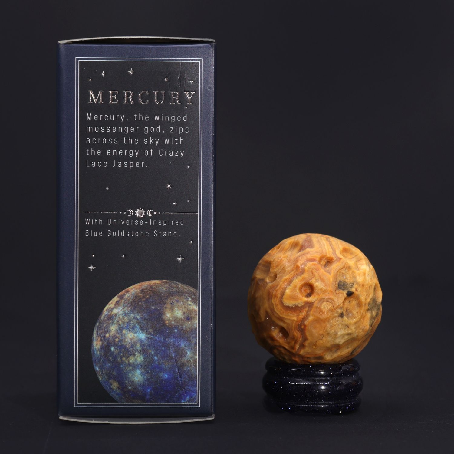 Crazy Lace Agate Planet on a Solar Goldstone Stand (MERCURY) - 40mm
