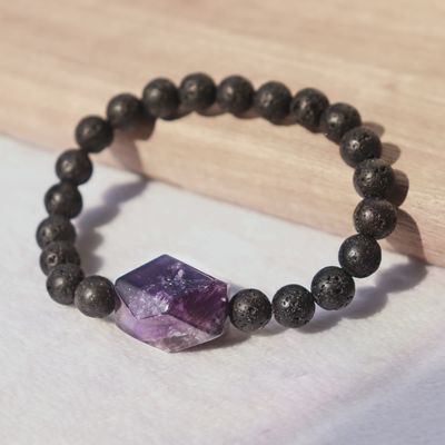 8mm Lava Rock Bead with Amethyst Point Bracelet