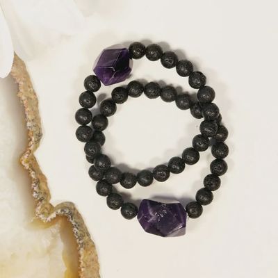 8mm Lava Rock Bead with Amethyst Point Bracelet