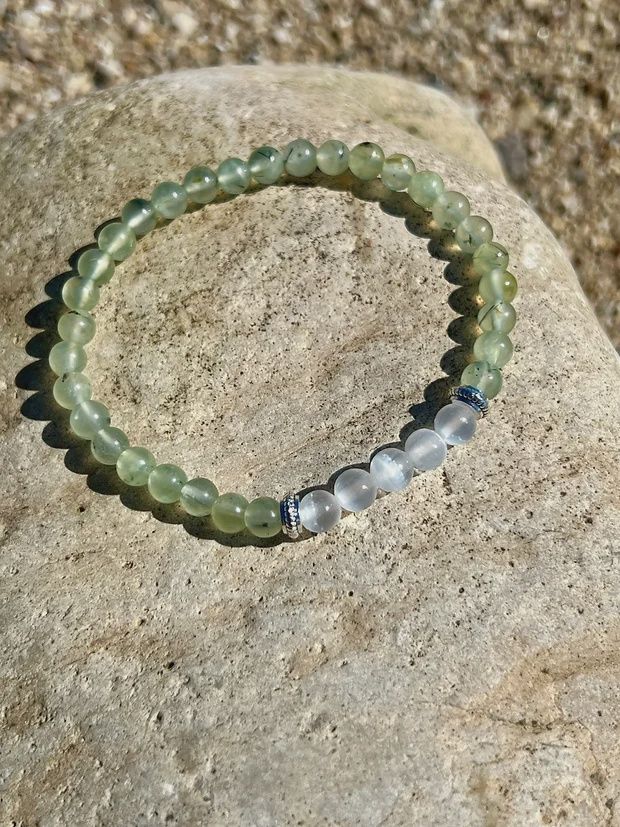 6mm Bead Bracelet | New Moon - Prehnite &amp; Selenite