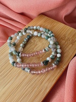 6mm Bead Taurus Zodiac Tree Agate and Strawberry Quartz Bead Bracelet