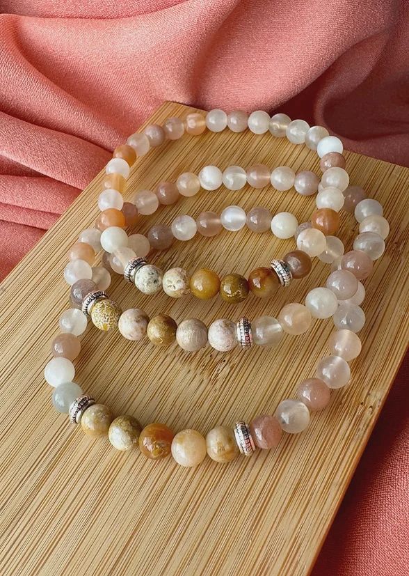 6mm Bead Cancer Zodiac Bracelet Fossil Coral and Indian Moonstone