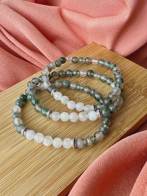 6mm Bead Virgo Zodiac Bracelet Moss Agate and Rainbow Moonstone