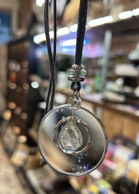 La Loupe Silver Tone Lens Necklace - Gray Suede with Encircled Chlorite Quartz