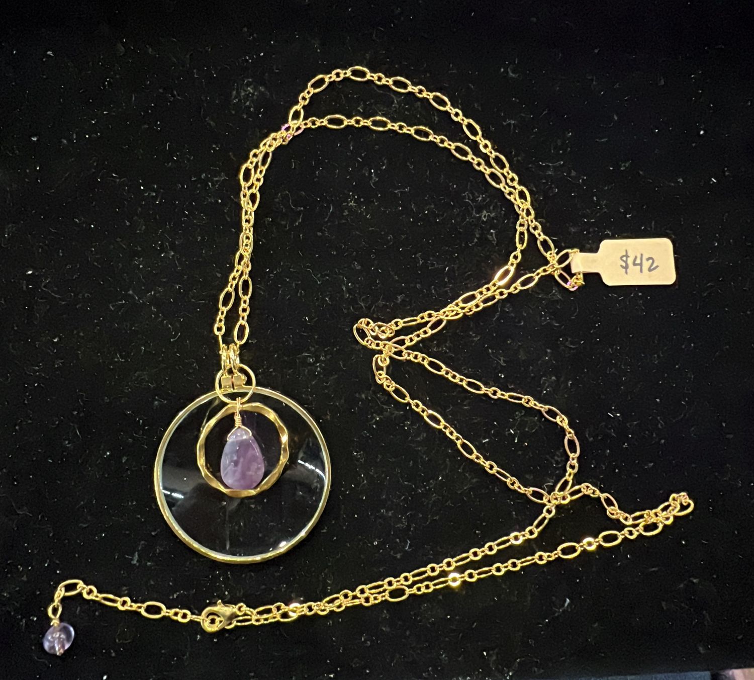 La Loupe Gold Tone Lens Necklace - Gold Plated Chain with Encircled Amethyst