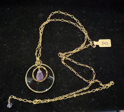 La Loupe Gold Tone Lens Necklace - Gold Plated Chain with Encircled Amethyst