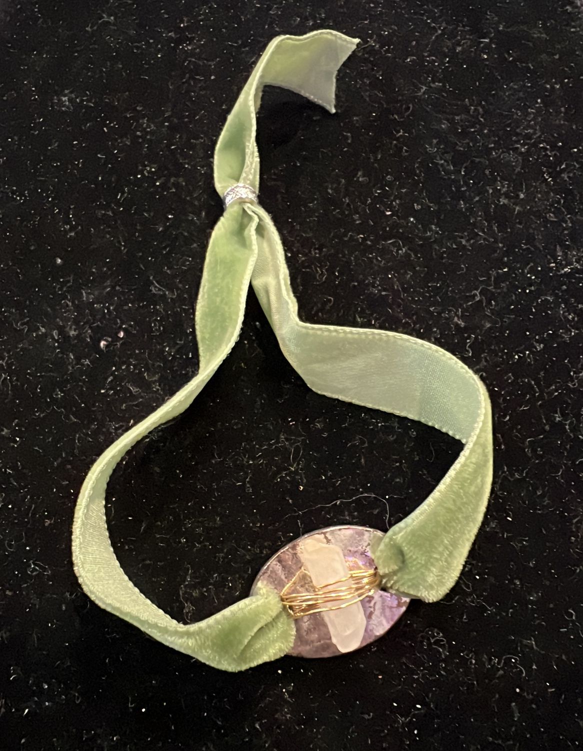 Green Velvet Slide Bracelet with Quartz Point