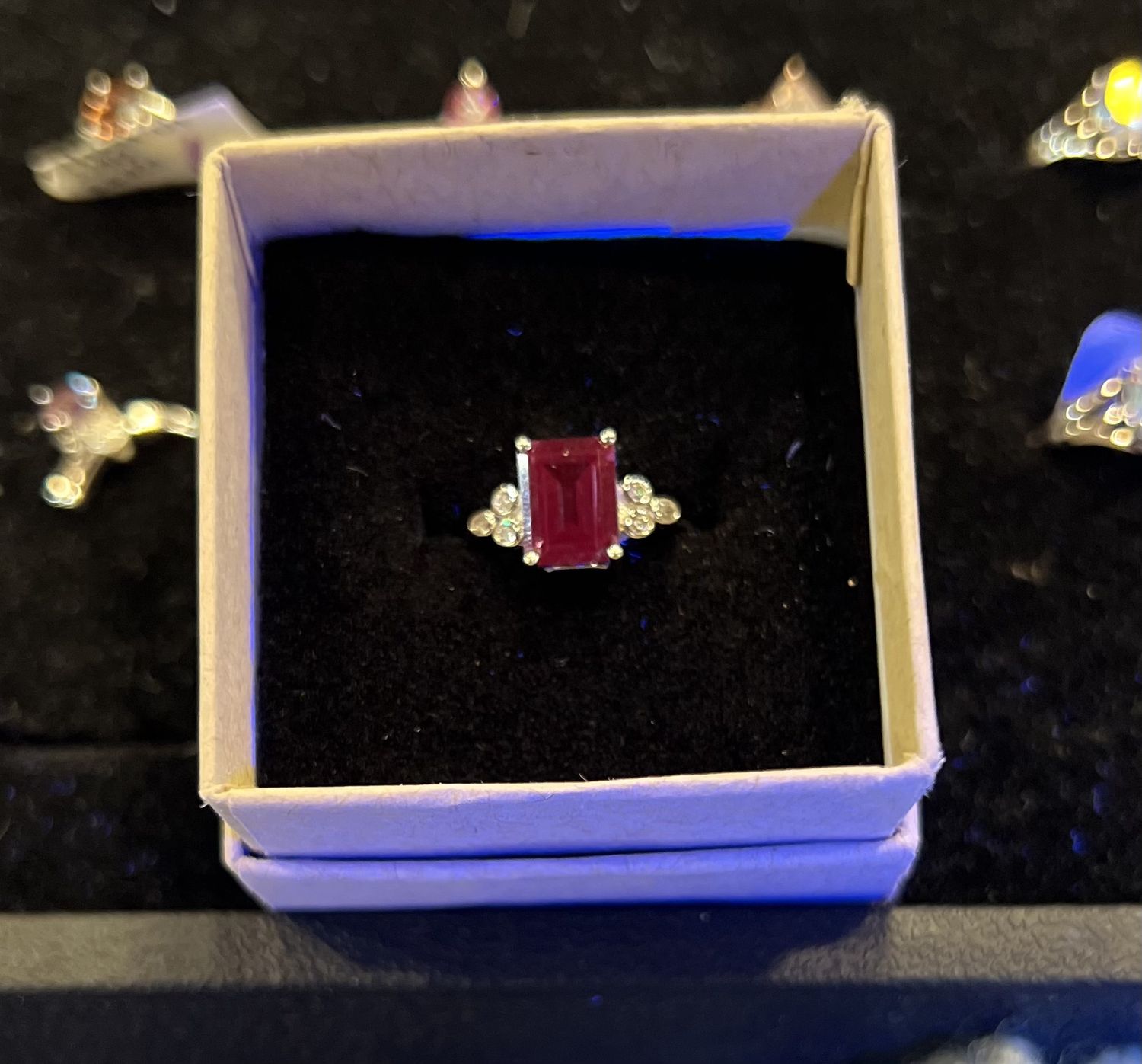 Lab-created Alexandrite Rectangle Cut Gem Sterling Ring w CZ Accents