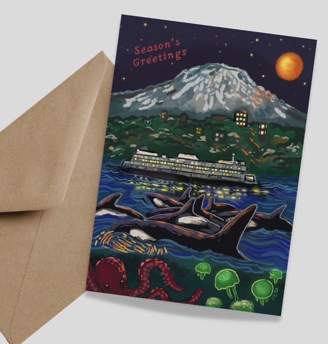 Mount Rainier Seattle Ferry Orca Holiday Greeting Card