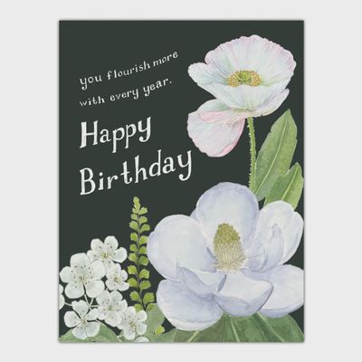 Floral Birthday Card - White and Green Magnolia and Poppy