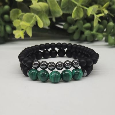 2-Bracelet Set | Malachite, Hematite, Matte Black Obsidian