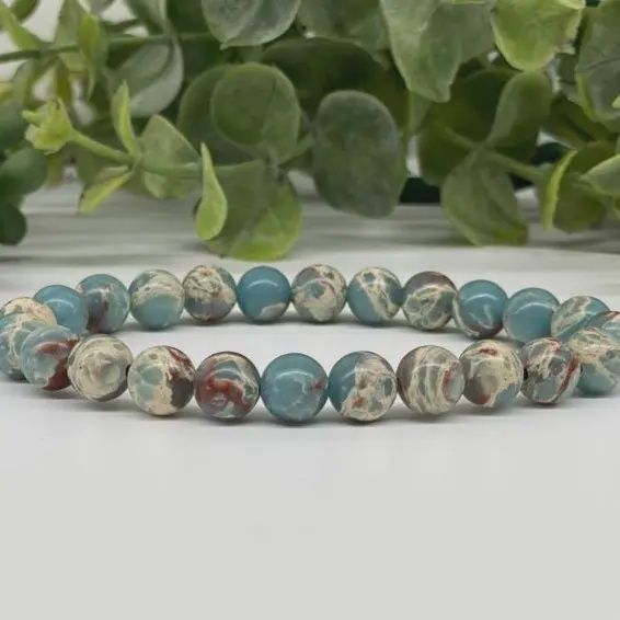 8mm Aqua Terra / Blue Snakeskin Jasper Bead Stretch Bracelet