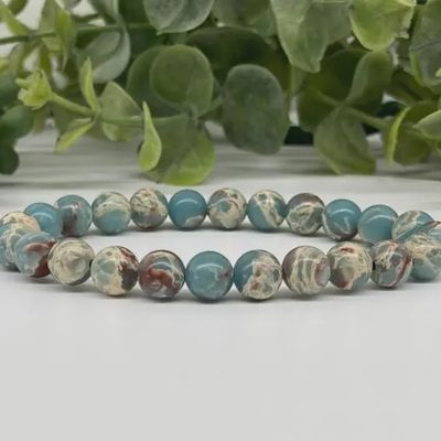 8mm Aqua Terra / Blue Snakeskin Jasper Bead Stretch Bracelet
