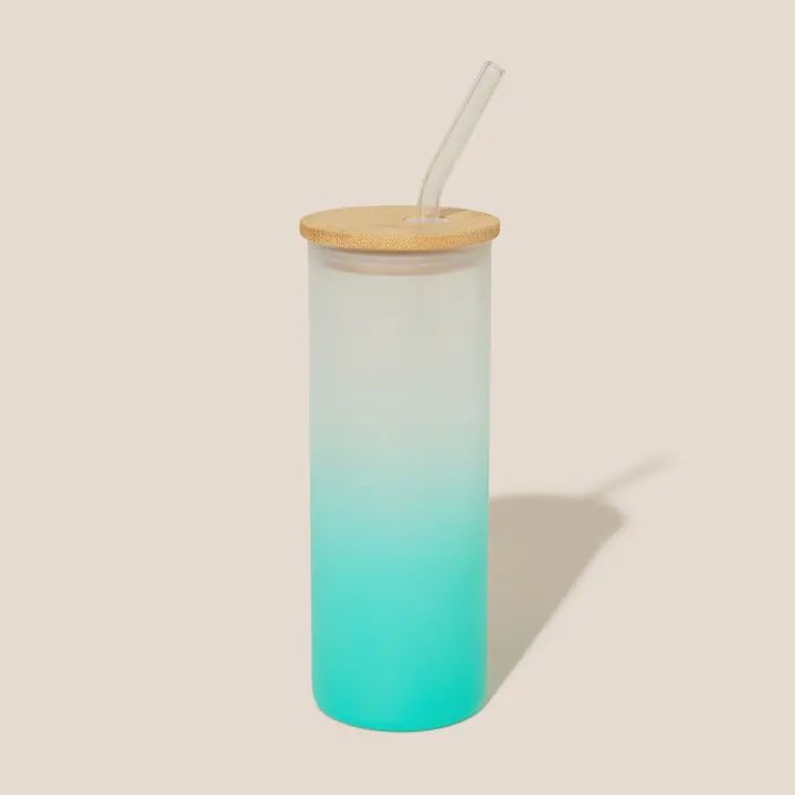 Reusable Tall Glass Cup + Straw, Colour: Teal Blue