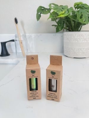 Vegan Biodegradable Charcoal Dental Floss in Stainless Steel Container