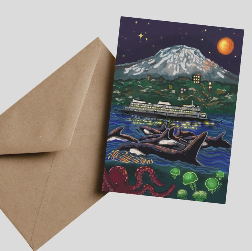Pacific Northwest Orca Mount Rainier Birthday Greeting Card