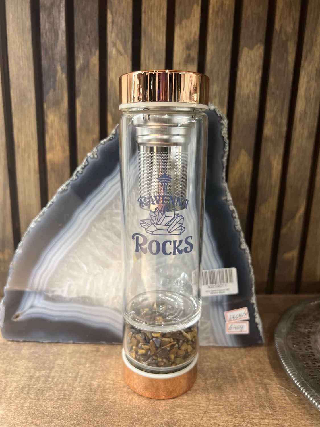 Tea Infuser Bottle with Tiger Eye Crystal Chips | Ravenna Rocks Logo