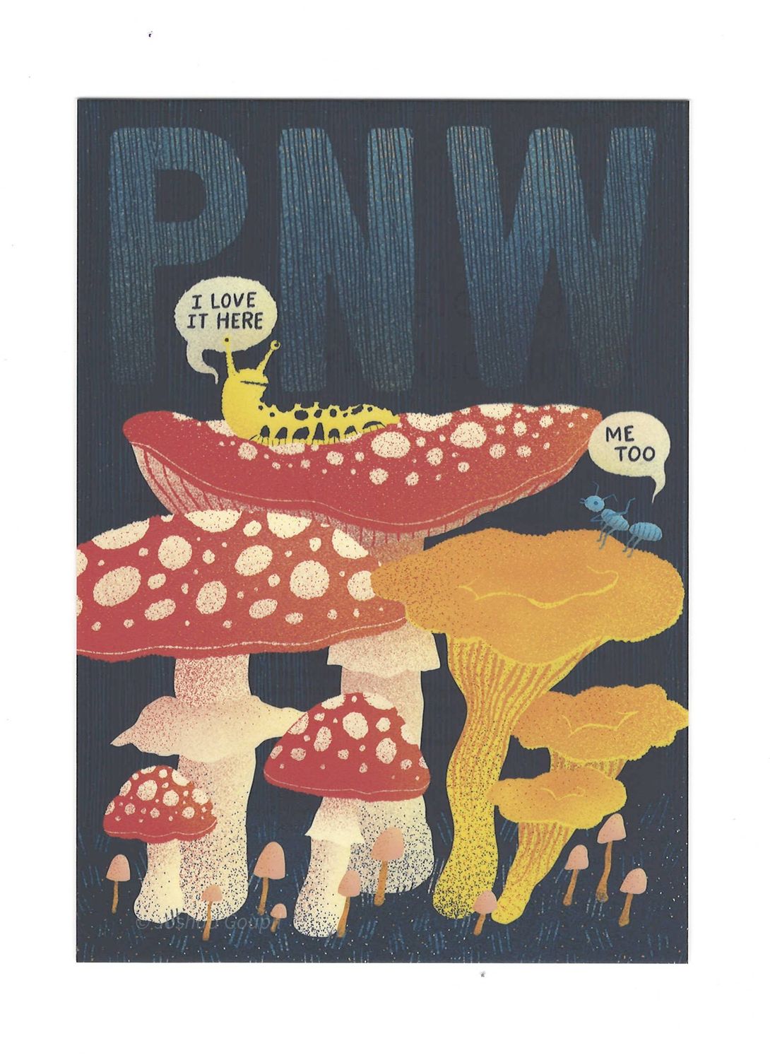 "I Love It Here" PNW Mushroom and Banana Slug Postcard