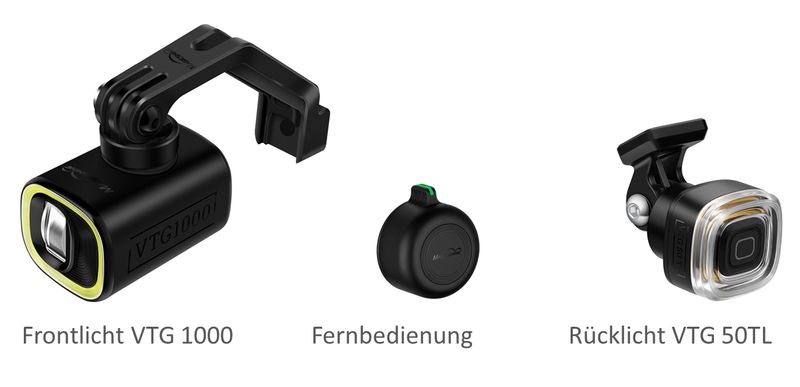 VTG Combo Set, Front- und Rücklicht + Fernbedienung + Halterung VTG Combo Set, Front- und Rücklicht + Fernbedienung + Halterung