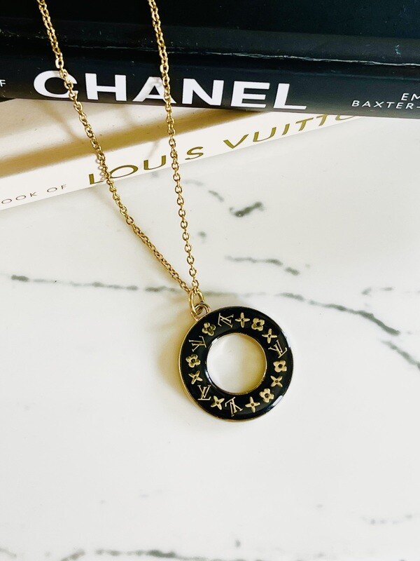 Black and Gold Repurposed  Round Necklace