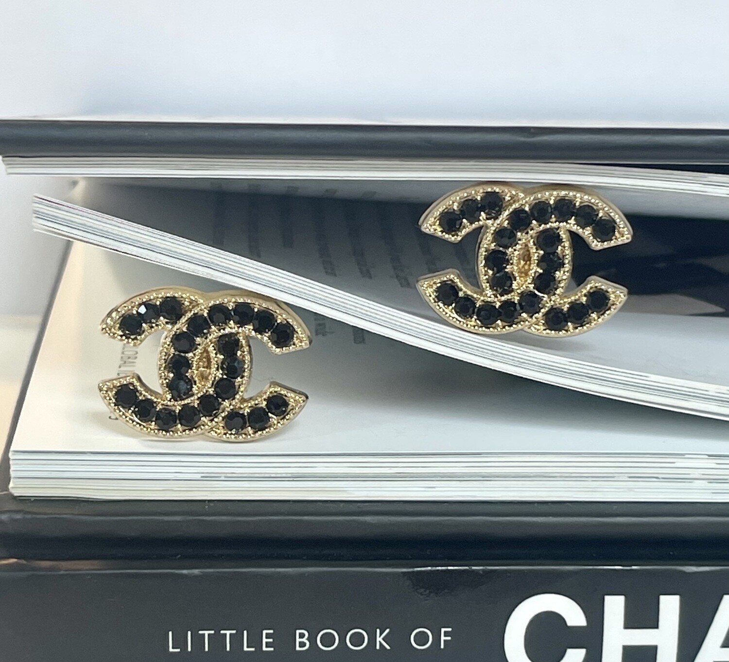 Vintage ~ Black rhinestones Logo  ~ reworked earrings