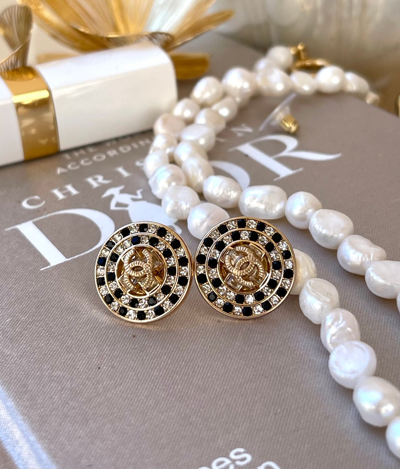 Elegant gold reworked earrings with black and white rhinestones
