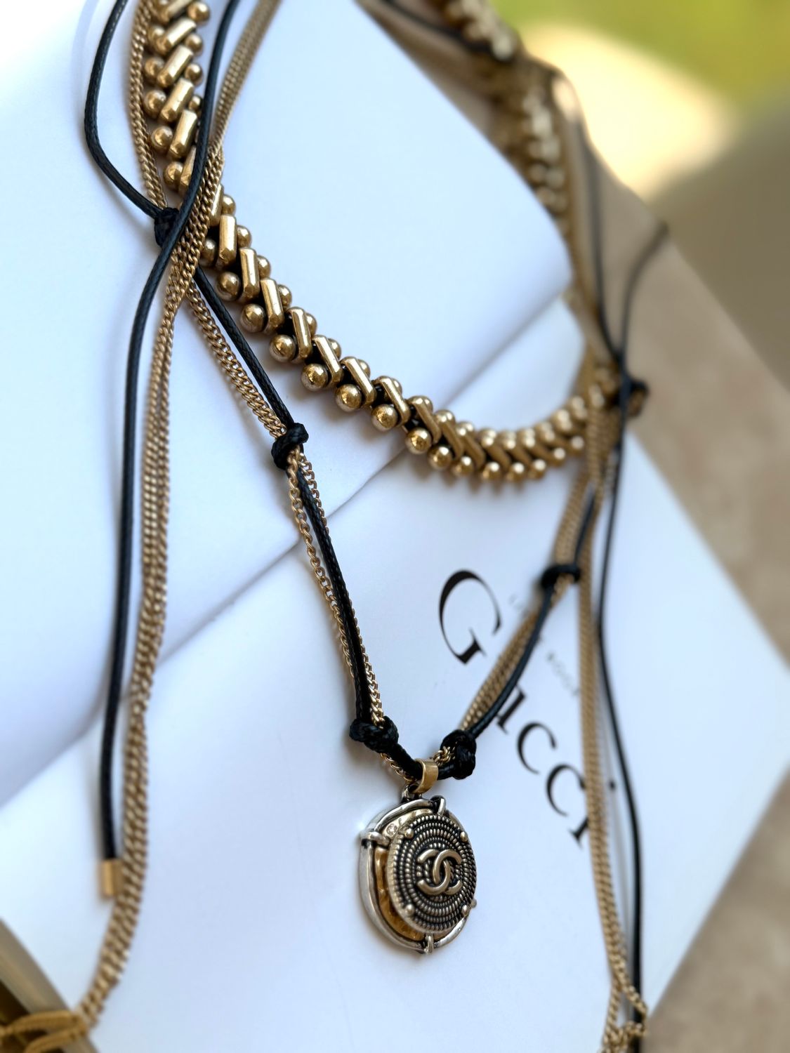 Long Chain &amp; Black Cord Necklace with Knotted Details and button charm