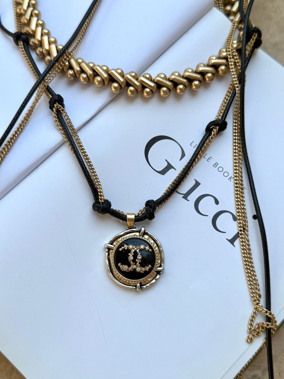 Long Adjustable Necklace with Black Cord, Chain &amp; Knot Details –