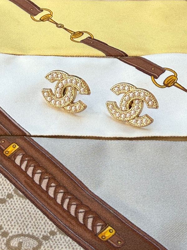 Vintage Gold-Tone Monogram Stud Earrings with Tiny Pearls