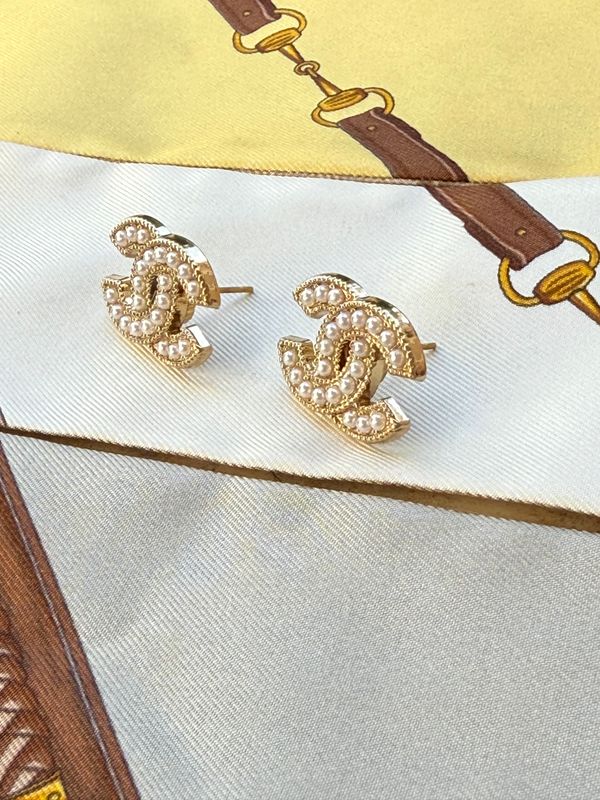 Vintage Gold-Tone Monogram Stud Earrings with Tiny Pearls